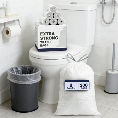 200 Count White Drawstring Trash Bags, 8 Gallon Capacity, 0.7 Mil Thick Durable Plastic Garbage Can Liners, 22 X 22 Inches, Bulk Pack For Home And Office