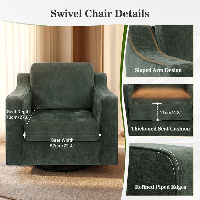  32.7" Wide Upholstered Swivel Accent Chair, 360° Rotating Lounge Chair with Sloped Arms for Living Room (Set of 2), Green