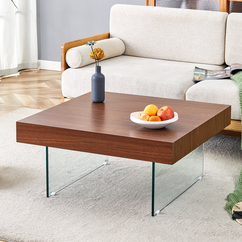 Table basse carrée avec plateau en panneau de fibres à densité moyenne et pieds en verre trempé, Noyer