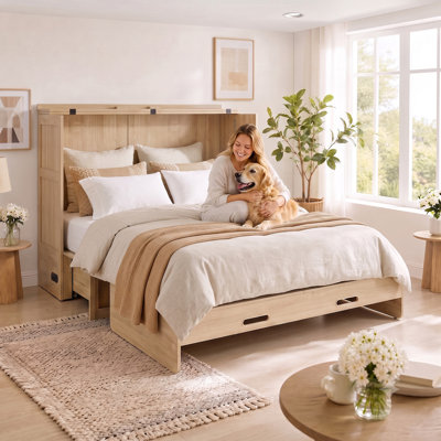  Rattan Cabinet Murphy Bed with Storage Drawers, Charging Station & Mattress, Natural