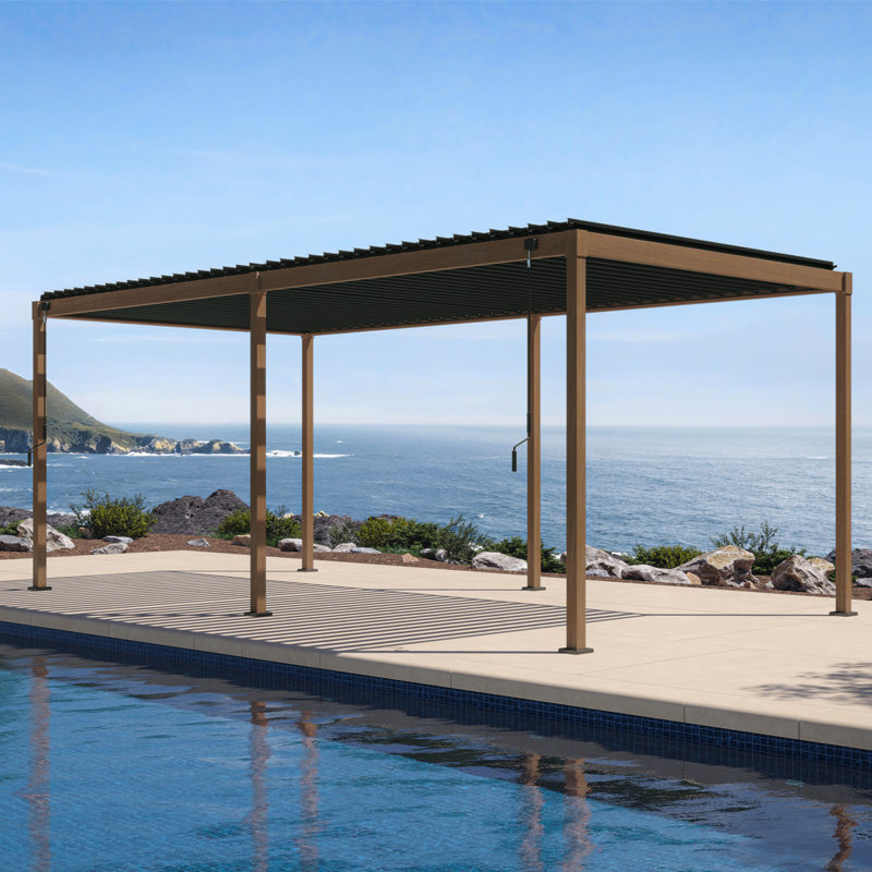 Pergola Takasho 111S en aluminium ébène brun avec lames orientables, L 10 pi x P 20 pi, Brun ébène