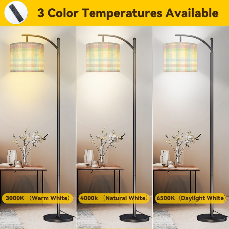 Arc Floor Lamp Pastel Checkered Rustic Farmhouse Grid Symmetry Geometric Minimalist Floor Lamps with Remote LED Lights Adjustable Lamp Shades Tall Standing Lamps for Reading Office Living Room