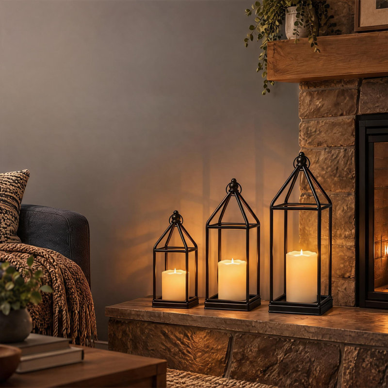 Lanterns Decorative Candles- Tall Black Metal Candle Lanterns Set of 3- Modern Farmhouse Decor for Indoor, Outdoor, Tabletop, Porch