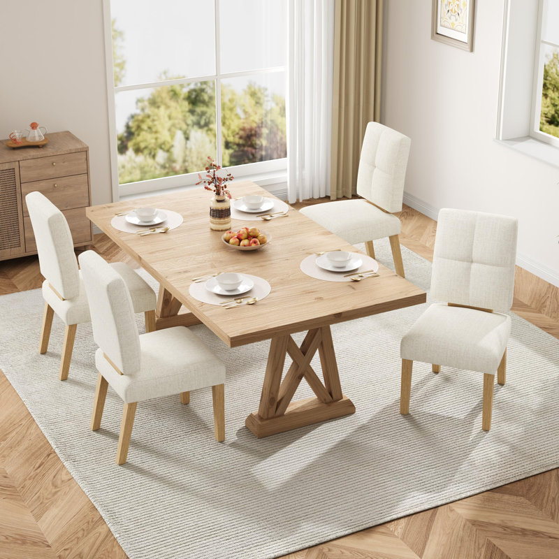 Dining Chair,18.5'' Seat Height Linen Upholstered Solid Wood Dining Chair (Set of 4), 4, Beige