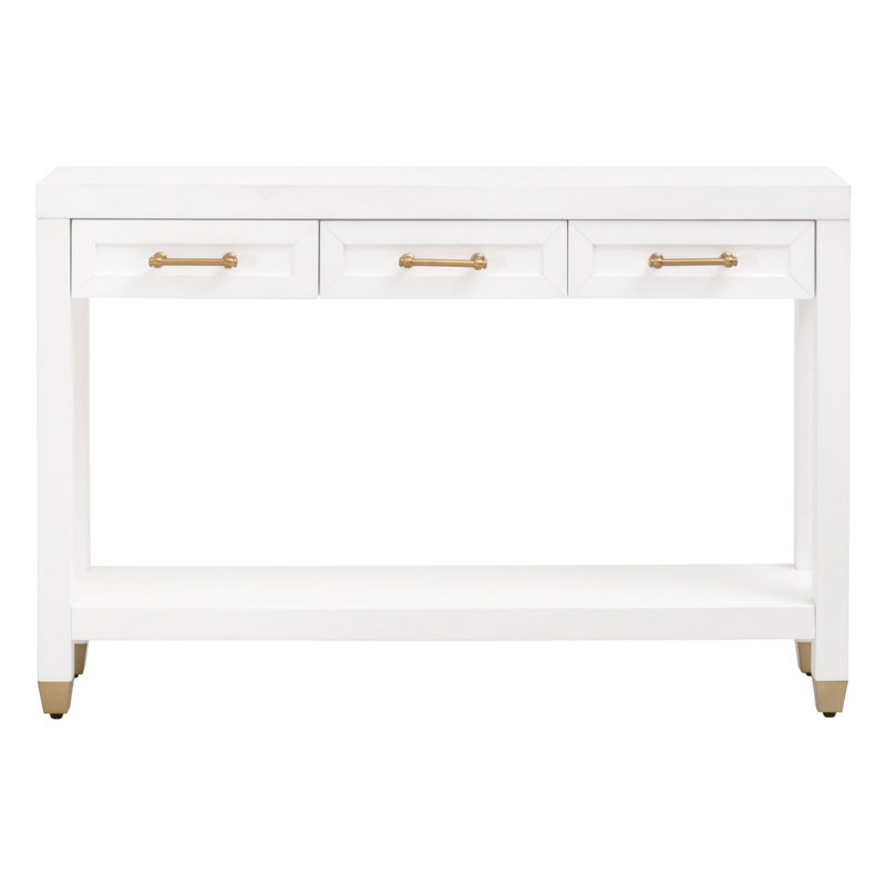 Matte White Narrow Console Table with Brass Accents