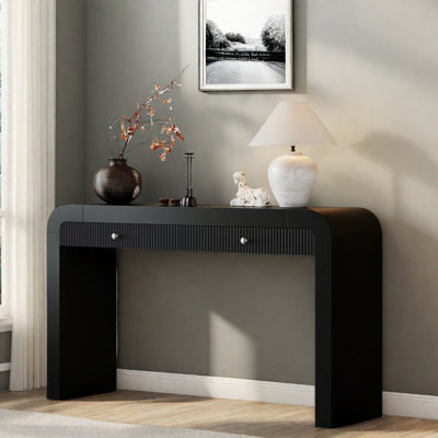 Console rustique avec 2 tiroirs, conception cannelée, coins courbés et pieds épais