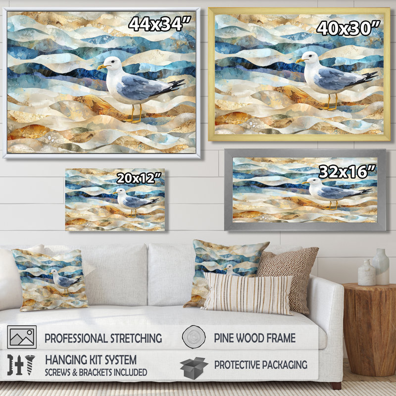 Hargis Coastal Seagull The Watchful Gull I - Seagull Wall Art Decor, 34" H x 44" W, Single Picture Framed Print, Gold