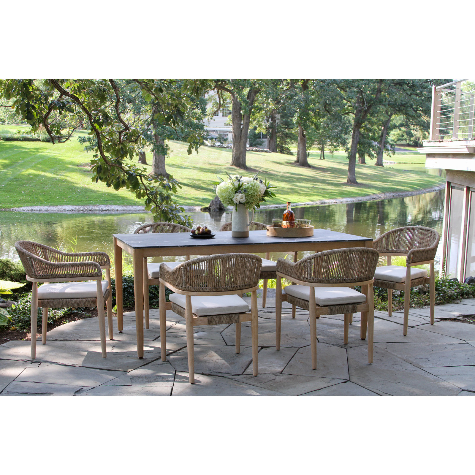 Posey Marble Composite Dining Set, Natural Wood