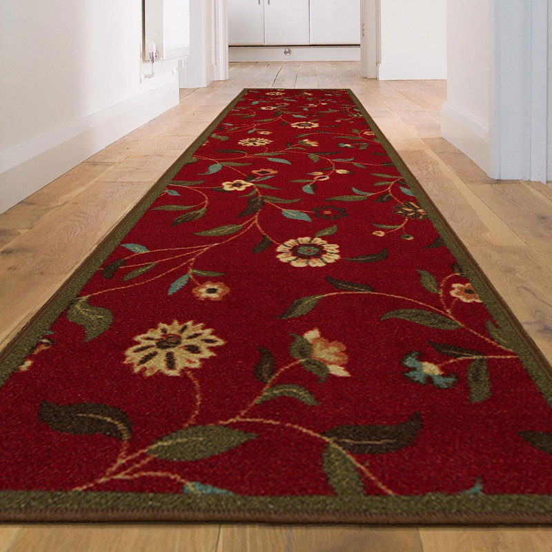 Ottohome Non-Slip Floral Leaves Area Rug For Living Room, Hallway, Entryway Rug, Dark Red, Runner 2'7" x 9'6"