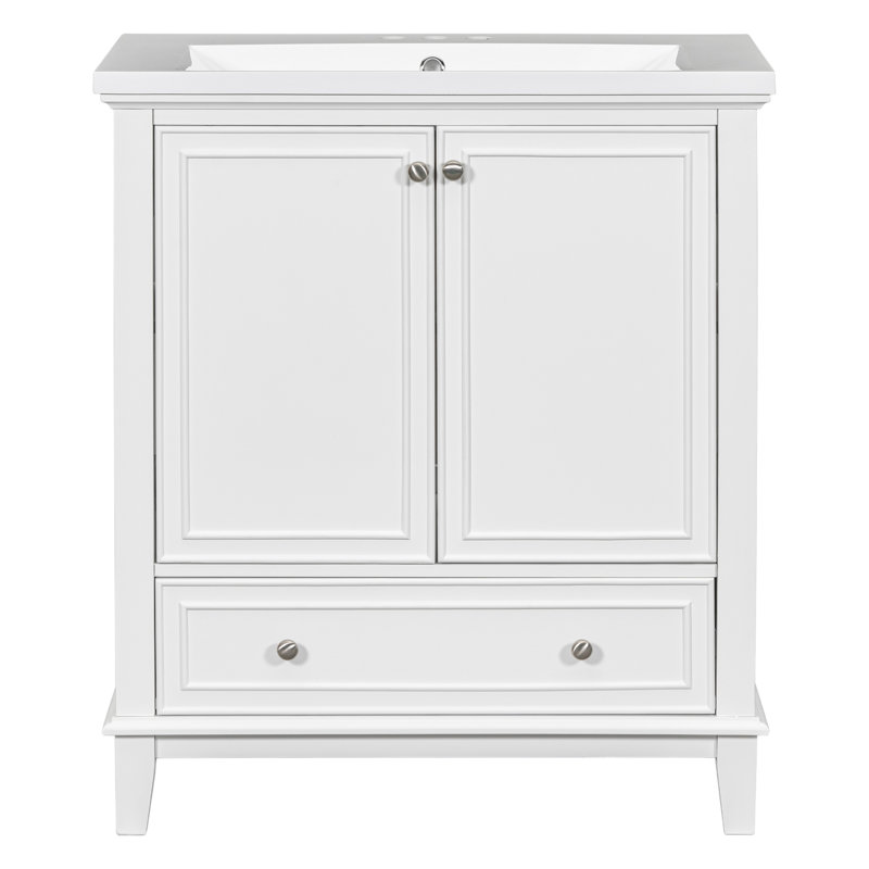 Ensemble de meuble-lavabo 30 po avec lavabo, armoire de salle de bain multifonctionnelle avec portes et tiroir, cadre solide et panneau de fibres à densité moyenne (blanc)