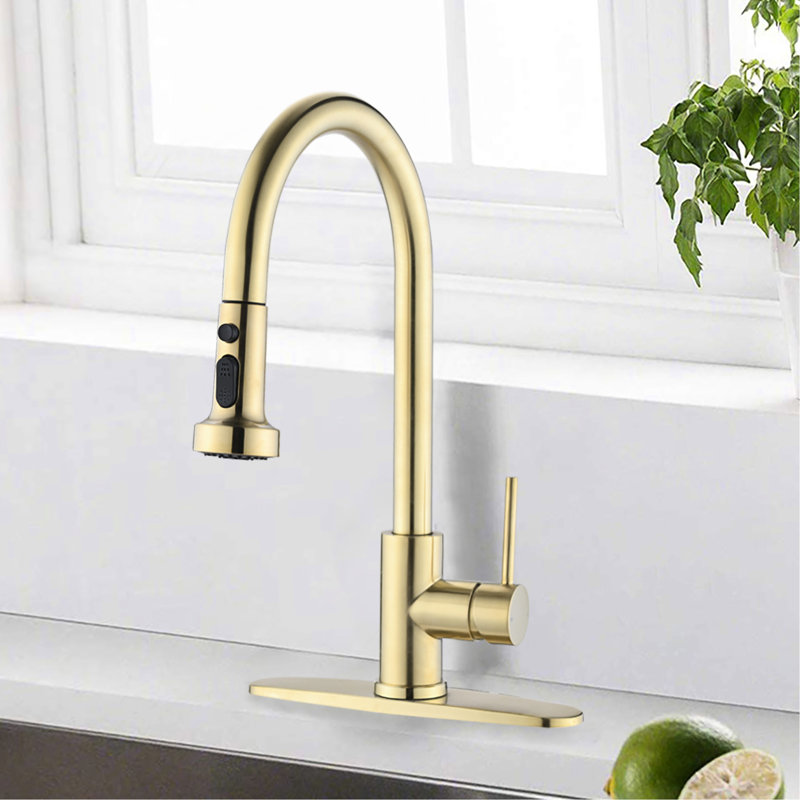 Robinet de cuisine en acier inoxydable brossé doré avec douchette rétractable et distributeur de savon - pour les égratignures, la rouille et les taches