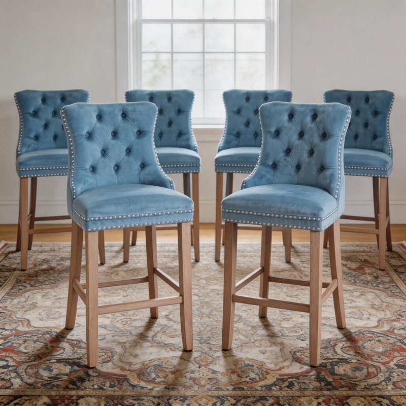 Velvet Kitchen Island Chairs Counter Height Barstools Set of 6, Natural, Light Blue, 6