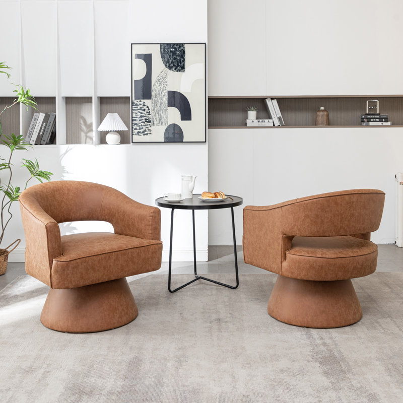 Kenzlee Upholstered Swivel Barrel Chair, Brown Polyester