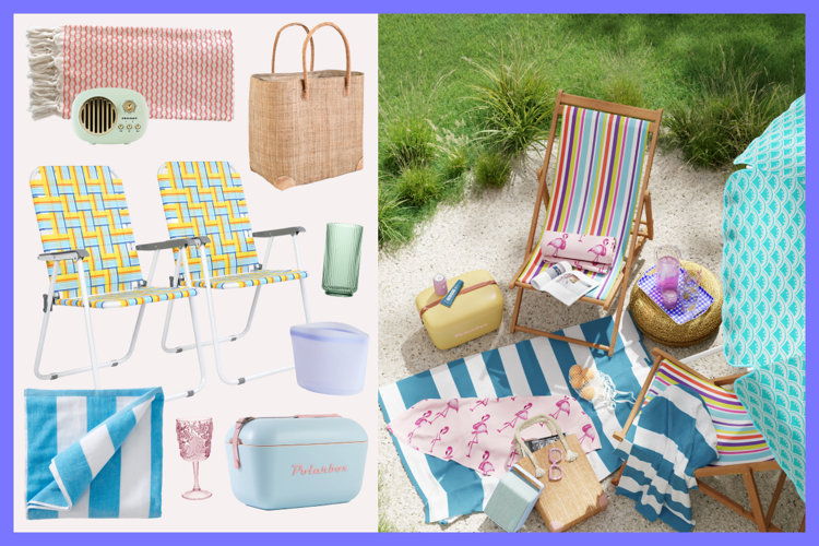 budget-friendly beach chairs, towels, melamine glassare, towels, and coolers on the left; colorful beach setup on the right