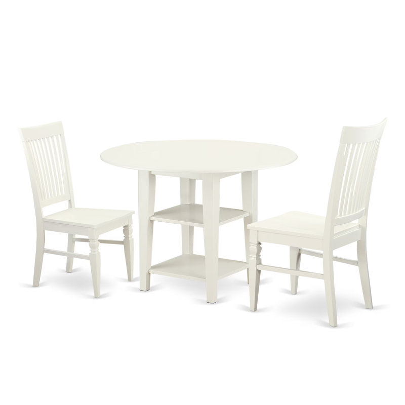 3 Piece Modern Dining Table Set Contains a Round Wooden Table with Dropleaf & Shelves and 2 Dining Room Chairs, Linen White