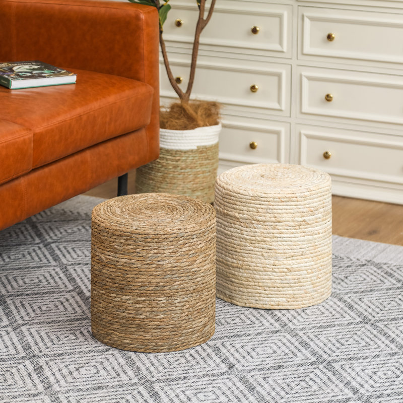 Analuz 11.8" Wide Cylinder Footstool Ottoman, Brown/Beige
