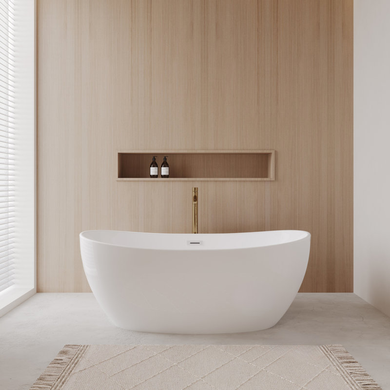 Rebecca 60'' x 32'' Freestanding Soaking Acrylic Bathtub with Faucet, White/Polished Chrome/Brushed Gold