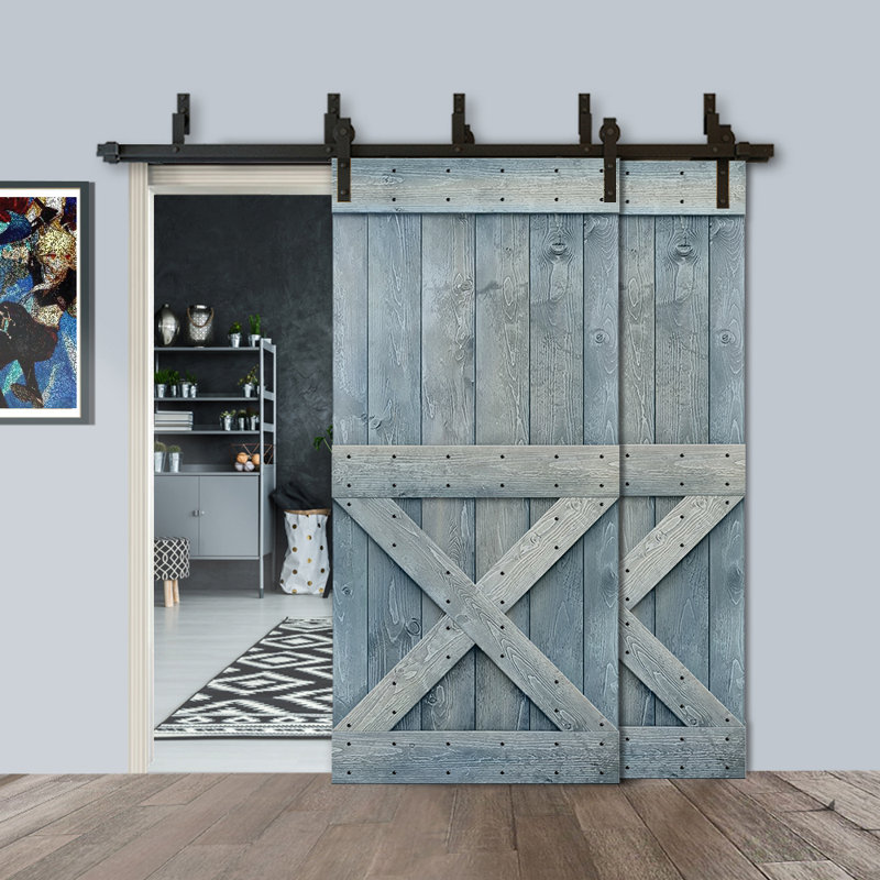 Porte de grange en bois peint, 38 po x 84 po, Noir, Bleu denim