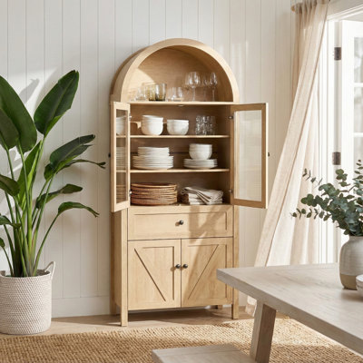 72" Arched Top Display Cabinet With Glass Doors, Vintage Freestanding Bookshelf With Drawer & Storage (Black / Natural / Walnut) by Red Barrel Studio