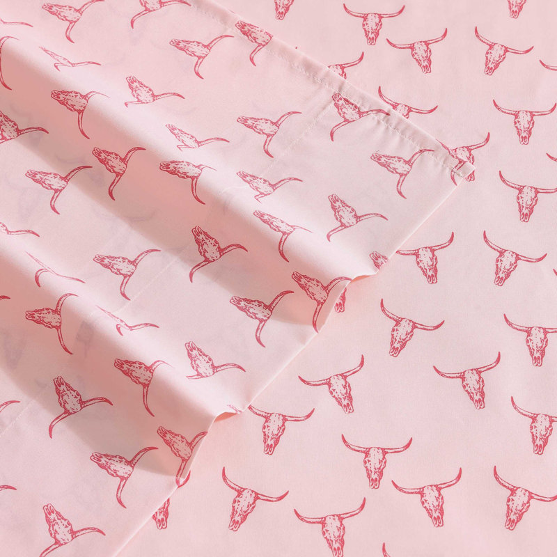 Ensemble de draps Wrangler, Ensemble de draps pour lit simple avec 1 taie d'or, Crânes de taureau roses