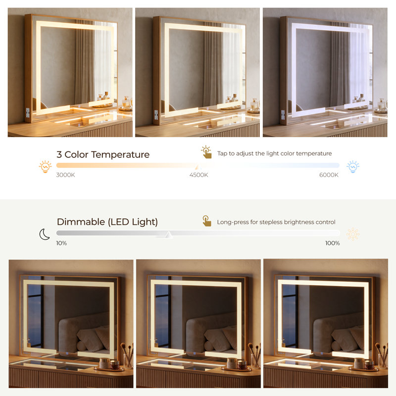 43"W Rectangle LED Lighting Solid Wood Mirror With Power Socket