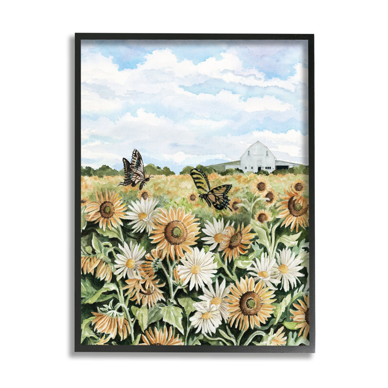 Sunflower Garden with Butterflies Canvas Print in White Frame