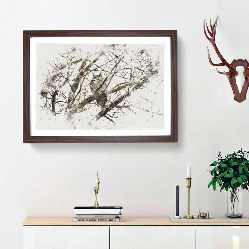 Great Horned Owl Resting - Picture Frame Painting Print, 45cm H x 63cm W x 2cm D, Walnut Framed