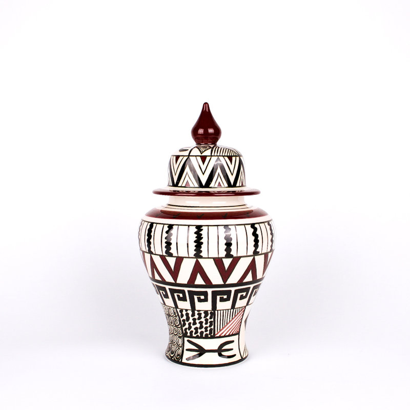 African Handcrafted Jar, 10" H x 5.5" W x 5.5" D, Dark Red/Black/White