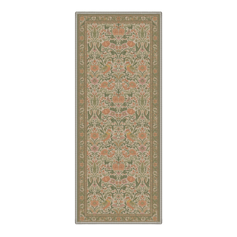 Avianora Floral Machine Washable Green / Beige Indoor Area Rug with Non-Slip Backing, Runner 2' x 6'