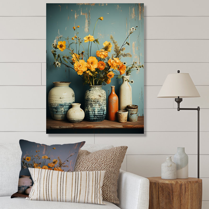 Art floral mural, poterie rétro jaune, Toile tendue, H 32 po x l 24 po