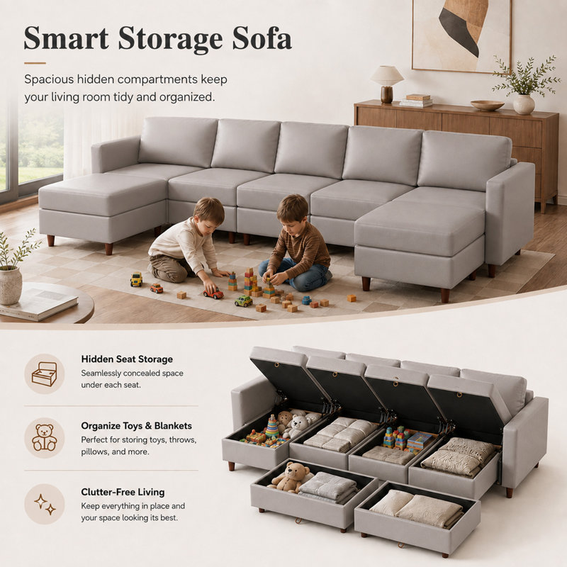Canapé d'angle moderne réversible 4 pièces en forme de L, 232 cm (91,5 po), avec siège de rangement - Similicuir gris clair