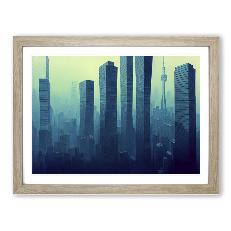 A Radiant Skyscraper Skyline - Single Picture Frame Print, 46cm H x 64cm W x 2cm D, Oak Framed