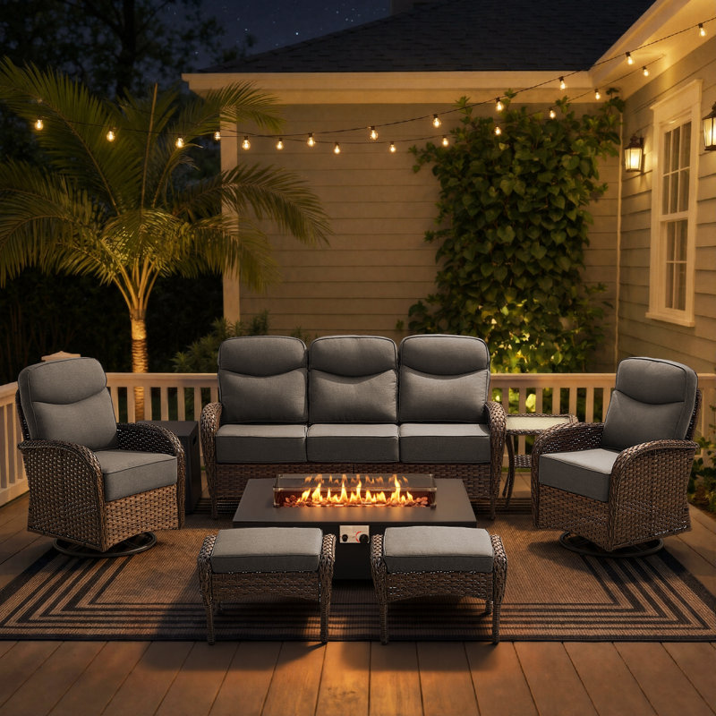 Ensemble de conversation pour foyer d'extérieur en osier 7 pièces avec canapé, fauteuils pivotants et repose-pieds, Grey