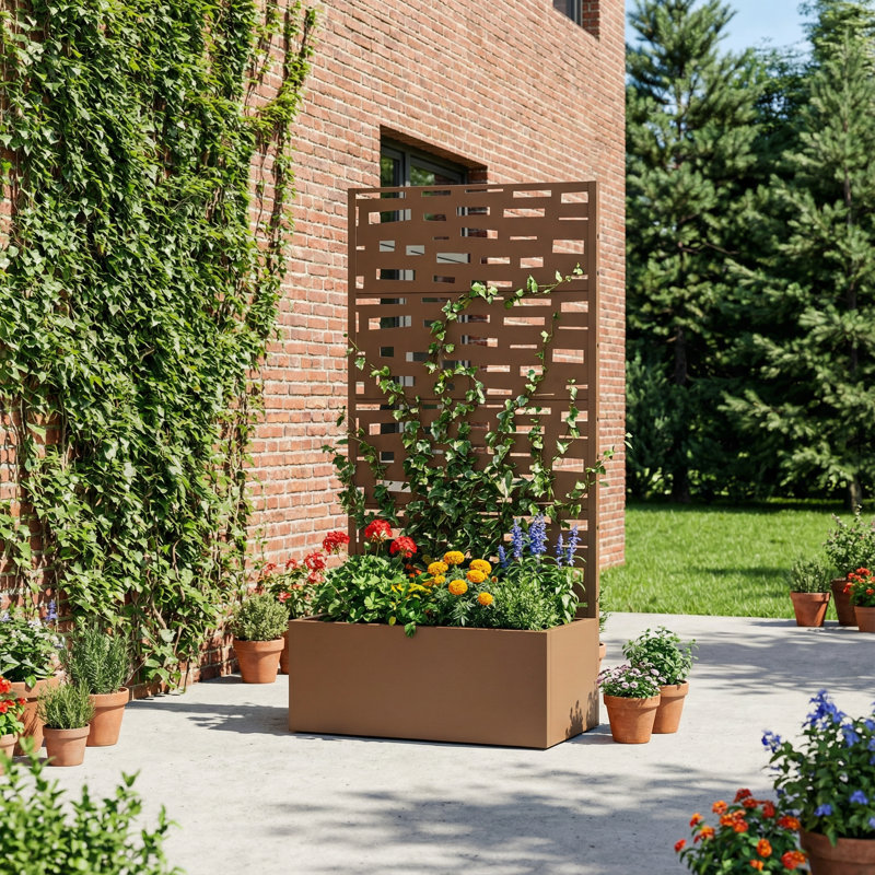 Outdoor Metal Planter Box Raised Garden Beds with Trellis, 59" H x 30" W x 11" D, Brown