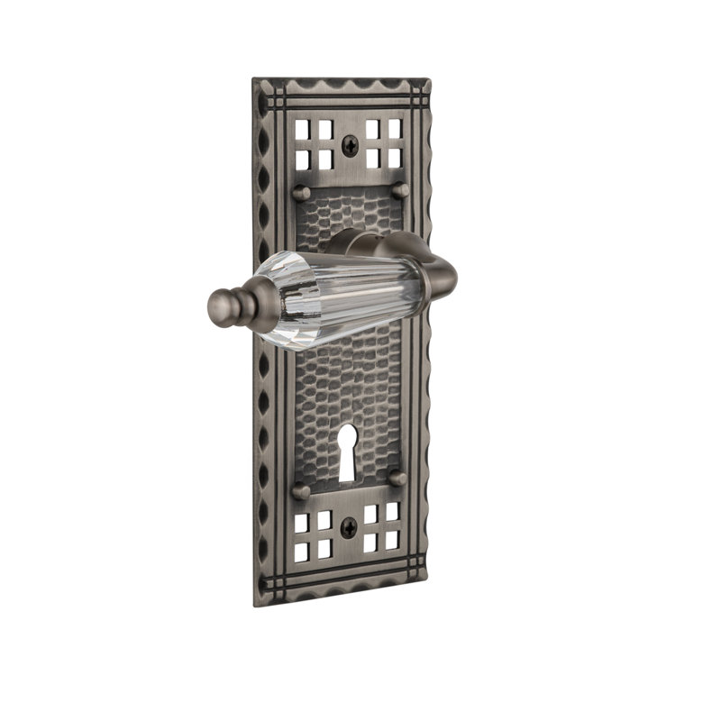 Crystal Parlor Interior Mortise Door Lever with Craftsman Long Plate, Antique Pewter