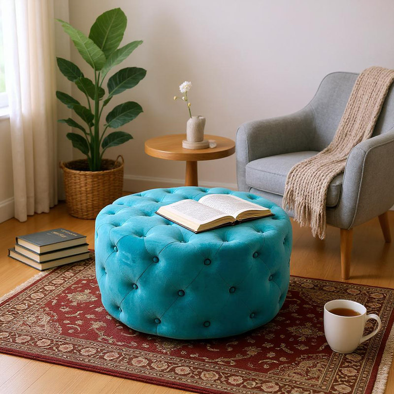 Sheffer 80cm W Velvet Round Pouffe, Blue