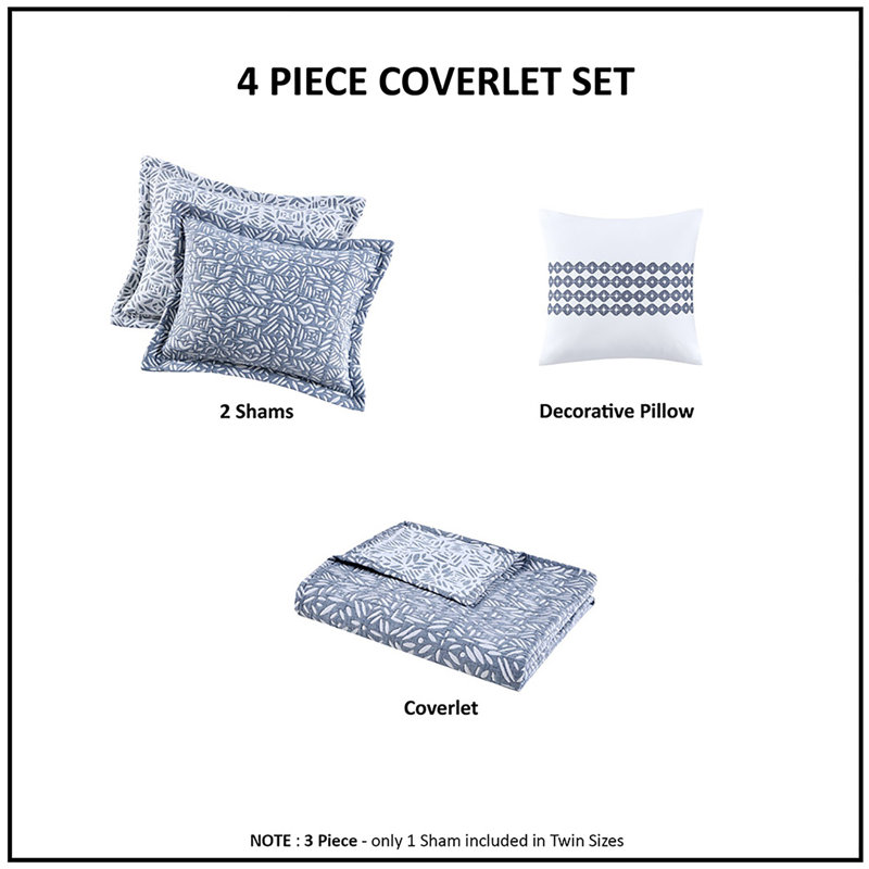 Blue Reversible Cotton King Quilt Set with Embroidered Pillow
