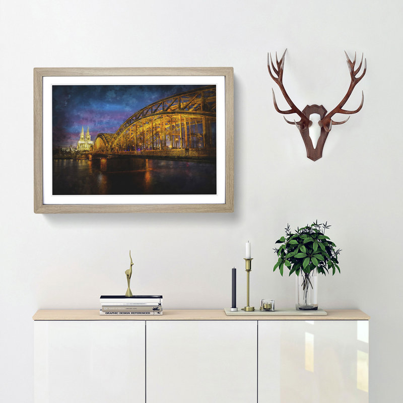 Cologne Cathedral & the Hohenzollern Bridge - Picture Frame Graphic Art Print, 33cm H x 45cm W x 2cm D, Oak Framed
