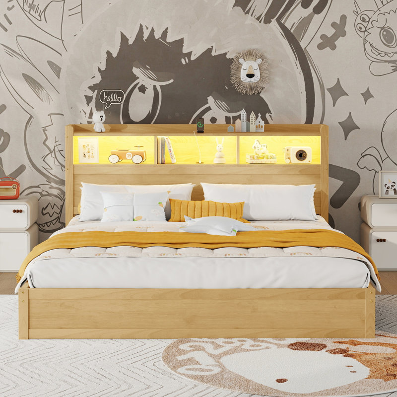 Lit très grand avec tiroirs, très grand lit en bois avec tête de rangement et armoire de rangement escamotable, lit en bois avec lumière et douille