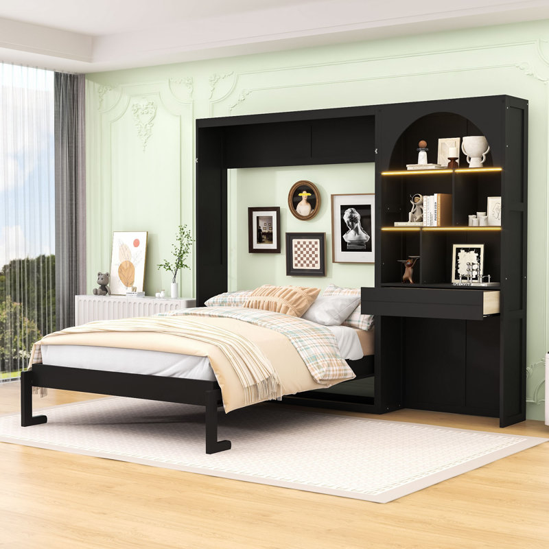 Grand lit plateforme escamotable avec armoires latérales, tablettes de rangement et tiroirs, Black