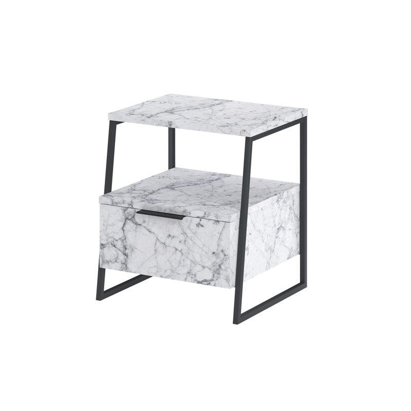 Modern Nightstand with Soft-Close Hinges, Carrara Marble Color, 17.7 x 19.7 x 15.7 inches | 100% Melamine Coated Particle Board, Thickness: 0.7 inches | Stylish and Functional Design for Bedroom or Living Room