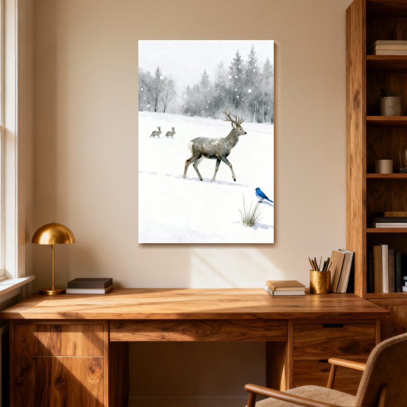 Animals Winter Deer Rabbit Bird Snowscape Forest, 48" H x 32" W