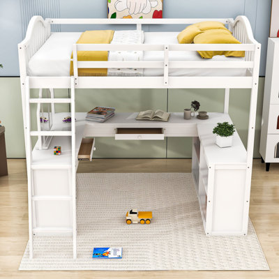 Keimon Full Wooden Loft Bed With Built-In Desk And Mirror