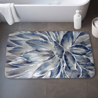 Blue and gray flower Bath Mat with Non-Slip Backing - Quick Dry Memory Foam Bathroom Rug - Absorbent - Modern Plush Spa-Style - Machine Washable