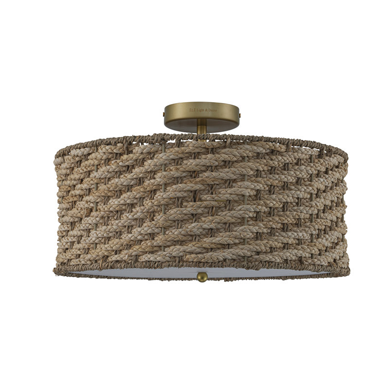 Tierra 3-Light Woven Semi Flush Mount Natural Rattan Ceiling Light In Brass 18Inch Wide