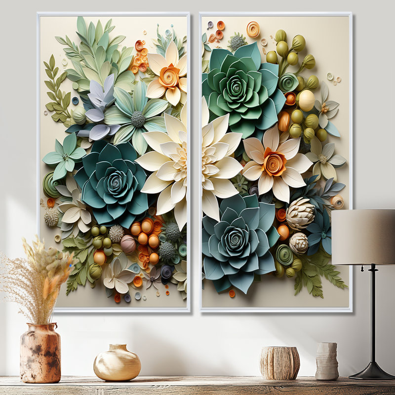 Plantes vertes succulentes sereines VI - Fleurs murales succulentes, H 20 po x l 24 po, Impression encadrée flottante, Blanc