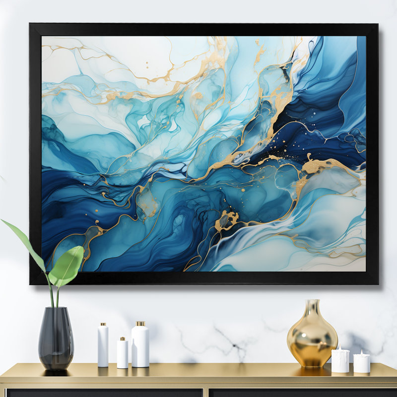 Impressions sur toile, formes liquides et bleues, H 30 po x l 40 po x P 1,5 po, Cadre simple noir