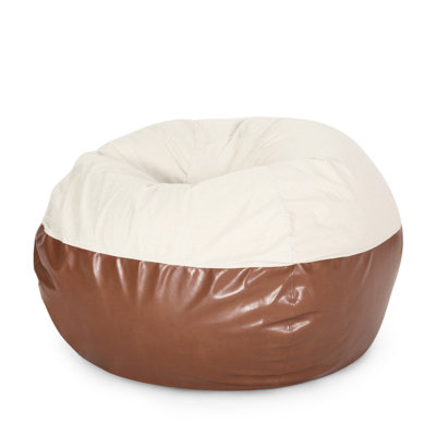 Maxi 5 Foot Two color Fabric and Faux Leather Rounded Bean Bag, Beige and Coffee Brown