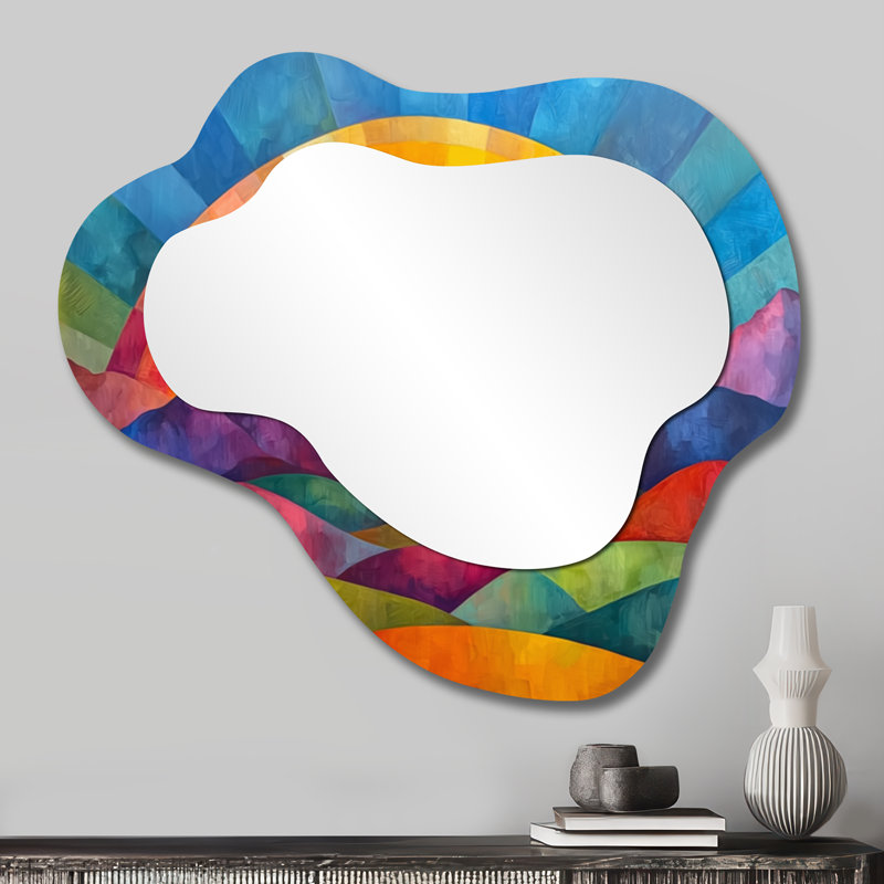 Rainbow Over Abstract Colorful Mountains - miroir asymétrique irrégulier arc-en-ciel, miroir mural traditionnel, imprimé sur métal