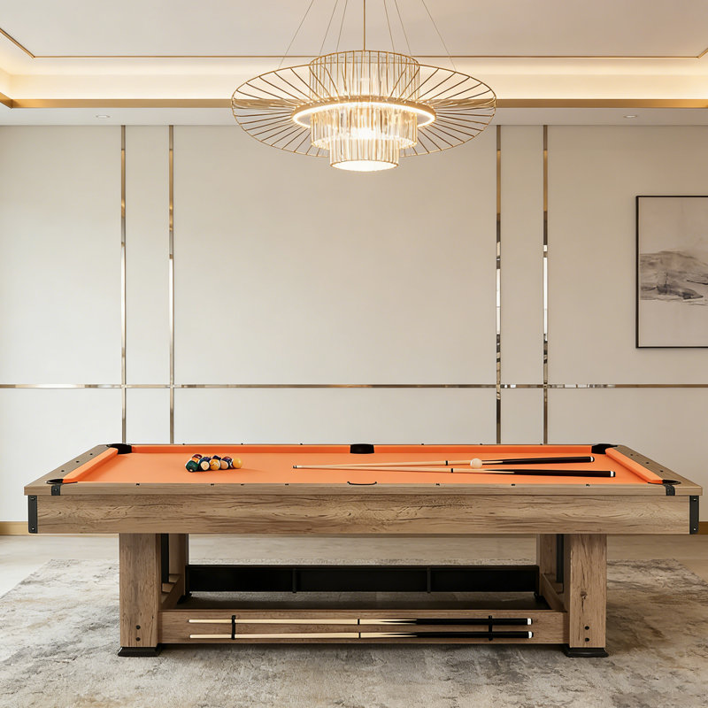 Table de billard 100% noire style industriel 100,39 ", tissu orange, surface en marbre, finition grain de bois, rangement pour queues de billard